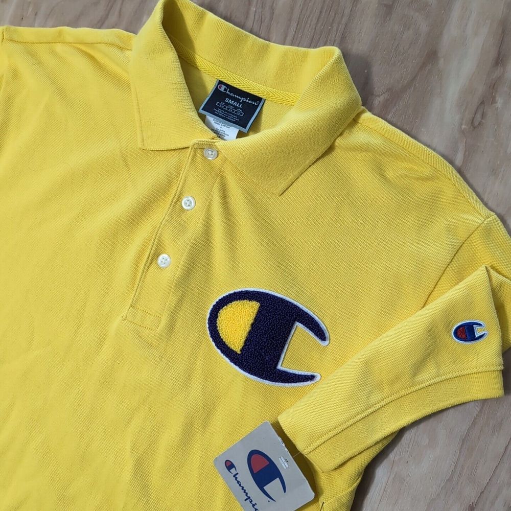 NEW CHAMPION‎ Pique Chenille Logo Polo Shirt Mens Small Lakers Yellow Purple